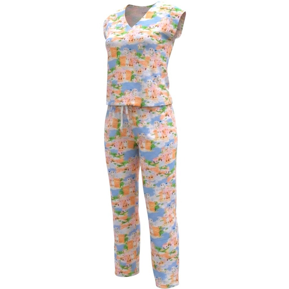 Cynthia Rowley Linen Blend 2-Piece Set Matching Top Pants Greek Island Print XS